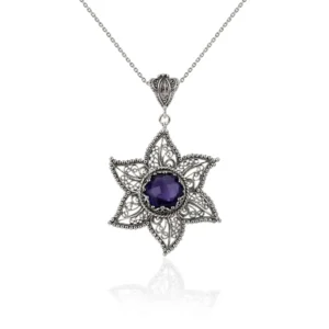 Filigree Art Amethyst Gemstone Star Design Women Silver Pendant Necklace