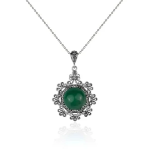 Filigree Art Green Agate Gemstone Floral Design Women Silver Pendant Necklace
