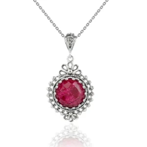 Handcrafted Filigree Art Ruby Corundum Gemstone Women's Silver Boho Pendant Necklace - Unique, Elegant, and Meaningful Jewelry Piece