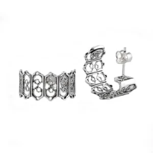 Sterling Silver Filigree Frame C-Hoop Stud Earrings for Women | Handmade Jewelry