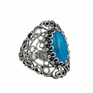 Filigree Art Turquoise Gemstone Lace Detailed Women Silver Statement Ring - Handmade, Elegant, Unique