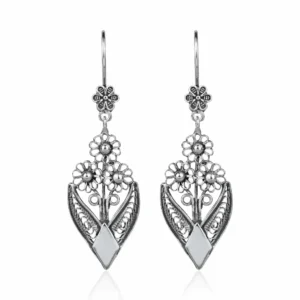 Filigree Art Bunch of Flower Women Sterling Silver Dangle Drop Earrings - Handmade 925 Jewelry