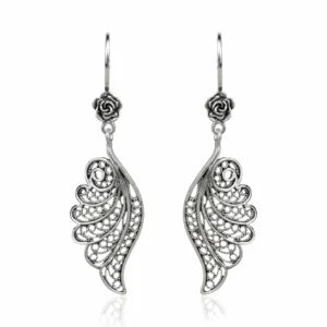 Filigree Art Angel Wings Women Silver Dangle Drop Earrings - Handmade, Sterling Silver, Intricate Design
