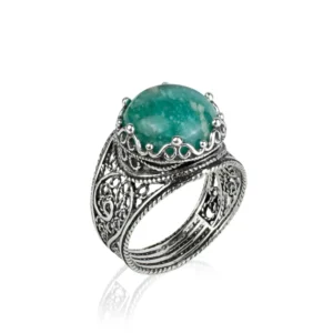 Filigree Art Amazonite Gemstone Crown Design Women Silver Statement Ring