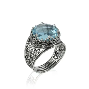 Handmade Filigree Art Sky Blue Topaz Gemstone Crown Design Women Sterling Silver Cocktail Ring