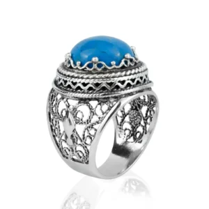 Filigree Art Turquoise Gemstone Women Silver Bold Ring - Handcrafted, Sterling Silver