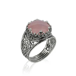 Filigree Art Pink Chalcedony Gemstone Crown Design Women Silver Cocktail Ring - Elegant and Timeless Jewelry