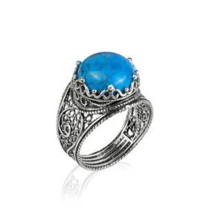 Filigree Art Turquoise Gemstone Crown Design Women Silver Cocktail Ring - Handcrafted and Elegant