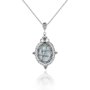 Filigree Art Black Rutile Gemstone Women Silver Oval Pendant Necklace - Elegant and Mysterious Jewelry