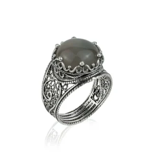 Filigree Art Gray Moonstone Gemstone Crown Design Women Silver Statement Ring