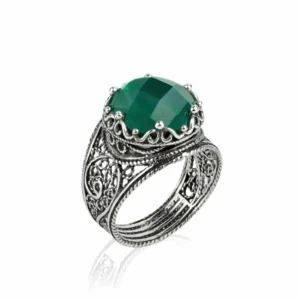 Handmade Filigree Art Green Agate Gemstone Crown Design Women Sterling Silver Cocktail Ring