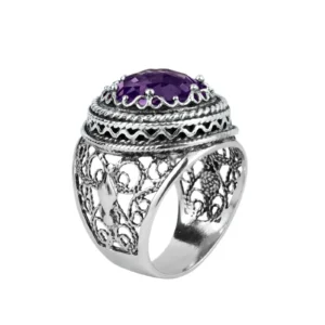 Filigree Art Amethyst Gemstone Women Silver Bold Statement Ring - Handmade 925 Sterling Silver