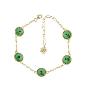 Mint Green Evil Eye Women Gold Plated Silver Link Bracelet - 5 Beads