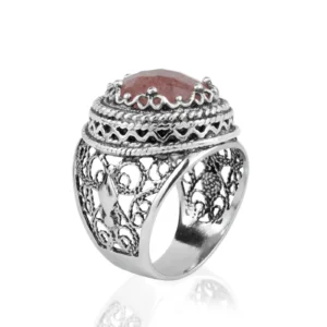 Filigree Art Cherry Quartz Gemstone Women Silver Bold Ring - Handmade Sterling Silver Jewelry