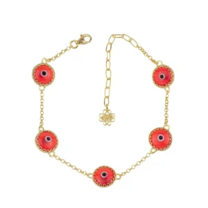Scarlet Evil Eye Women Gold Plated Silver Link Bracelet - 5 Beads