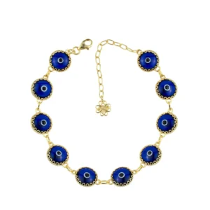 Dark Blue Evil Eye Women Gold Plated Silver Link Bracelet - 10 Beads