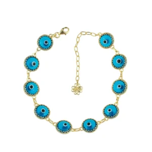Lapis Blue Evil Eye Women Gold Plated Silver Link Bracelet - 10 Beads