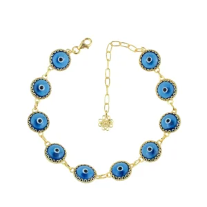Blue Evil Eye Women Gold Plated Silver Link Bracelet - 10 Beads