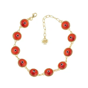 Scarlet Evil Eye Women Gold Plated Silver Link Bracelet - 10 Beads