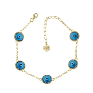 Blue Evil Eye Women Gold Plated Silver Link Bracelet - 5 Beads