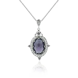 Filigree Art Amethyst Gemstone Women Silver Oval Pendant Necklace - Handcrafted, Elegant, and Unique
