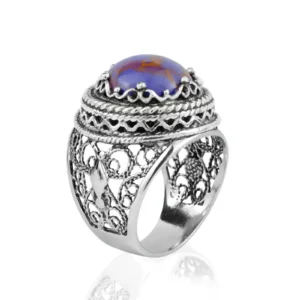 Filigree Art Mojave Turquoise Gemstone Women Silver Bold Ring - Handmade, Sterling Silver, Elegant Design