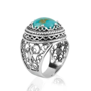 Filigree Art Copper Turquoise Gemstone Women Silver Bold Ring