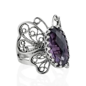 Filigree Art Amethyst Gemstone Butterfly Design Women Silver Cocktail Ring