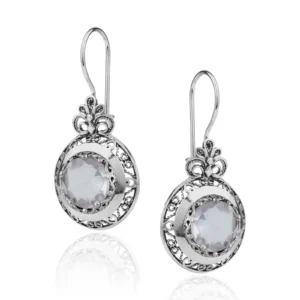 Filigree Art Rose Quartz Gemstone Floral Design Women Silver Drop Earrings