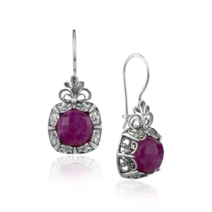 Filigree Art Ruby Corundum Gemstone Silver Drop Earrings
