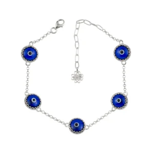 Dark Blue Evil Eye Women Silver Link Bracelet - 5 Beads