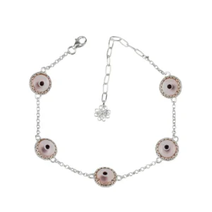 Pink Evil Eye Women Silver Link Bracelet - 5 Beads