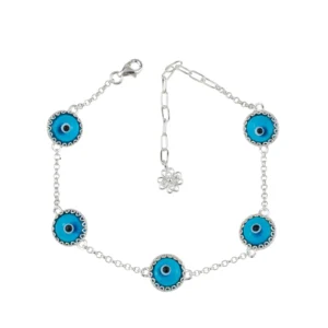 Lapis Blue Evil Eye Women Silver Link Bracelet - 5 Beads