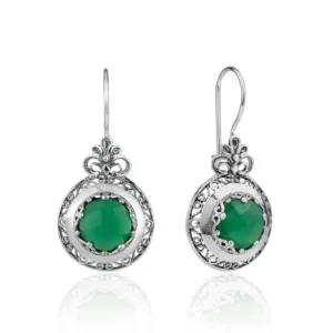 Elegant Filigree Art Green Agate Gemstone Floral Design Women Silver Drop Earrings - Handmade 925 Sterling Silver with Antique Finish