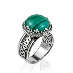 Filigree Art Malachite Gemstone Women's Silver Cocktail Ring - Handcrafted 925 Sterling Silver
