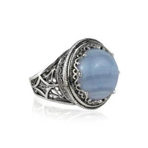 Filigree Art Blue Lace Agate Gemstone Women's Silver Bold Statement Ring | Unique Jewelry
