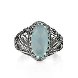 Filigree Art Aqua Chalcedony Gemstone Angel Design Women Silver Cocktail Ring