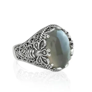 Filigree Art Bee Detailed Gray Moonstone Gemstone Women Silver Statement Ring - Elegant and Unique Jewelry