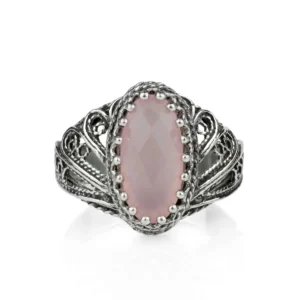 Filigree Art Pink Chalcedony Gemstone Angel Design Women Silver Cocktail Ring
