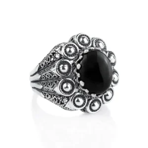 Filigree Art Black Onyx Gemstone Women Statement Dome Ring - Handcrafted Luxury