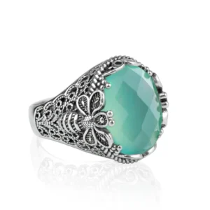 Filigree Art Bee Detailed Aqua Chalcedony Gemstone Women Silver Statement Ring