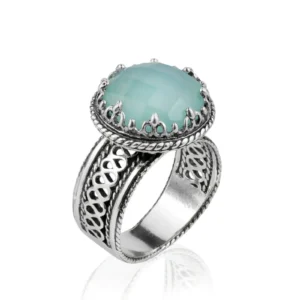 Filigree Art Aqua Chalcedony Gemstone Silver Cocktail Ring | Handcrafted