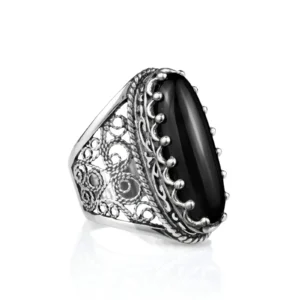 Filigree Art Black Onyx Gemstone Women Silver Long Statement Ring