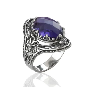 Amethyst Gemstone Filigree Art Woman Silver Statement Ring - Handmade Sterling Silver Jewelry