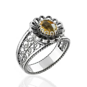 Daisy Figured Citrine Gemstone Filigree Art Women Silver Cocktail Ring - Elegant and Timeless