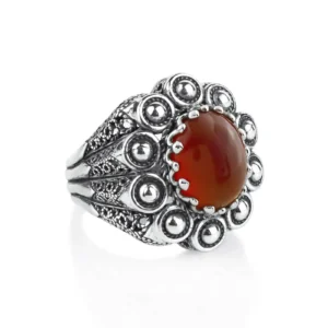 Filigree Art Carnelian Gemstone Women Statement Dome Ring | Handcrafted 925 Sterling Silver Ring