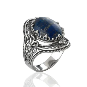 Lapis Lazuli Gemstone Filigree Art Woman Silver Statement Ring