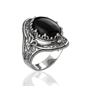 Black Onyx Gemstone Filigree Art Silver Statement Ring
