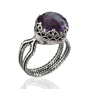 Amethyst Gemstone Women Sterling Silver Cocktail Ring - Intricate Filigree Design