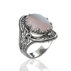 Rose Quartz Gemstone Filigree Art Woman Silver Statement Ring
